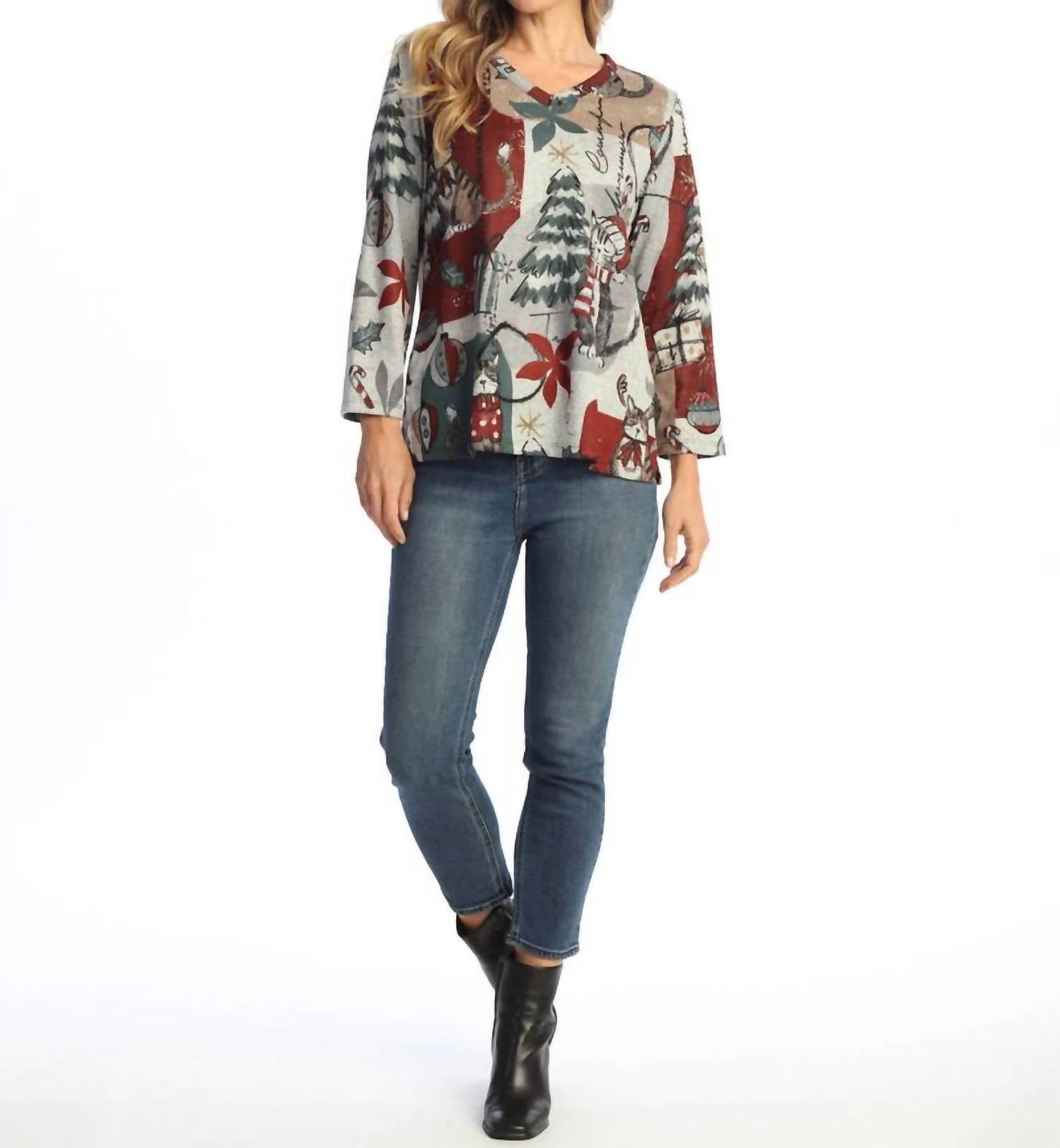 Jess & Jane - Starlight Novelty Brush V Neck Top