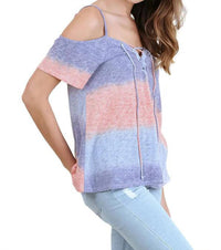 Umgee - Lace Up Cold Shoulder Color Block Top