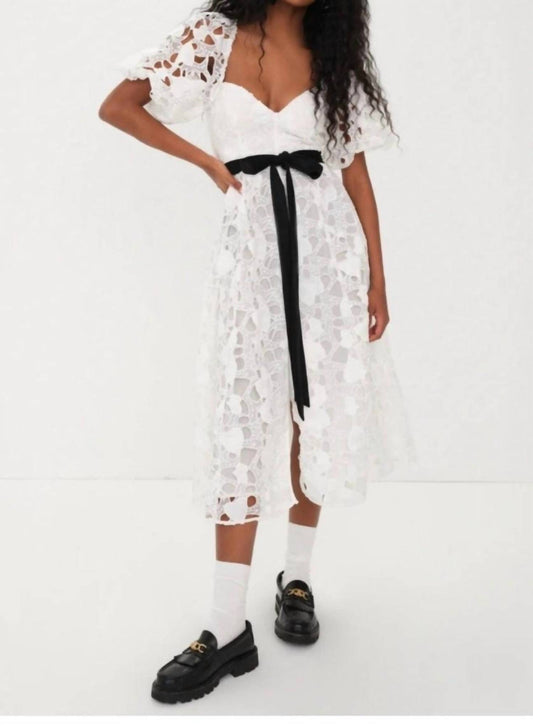 For Love & Lemons - Marlene Heart Embroidery Puff Sleeve Midi Dress