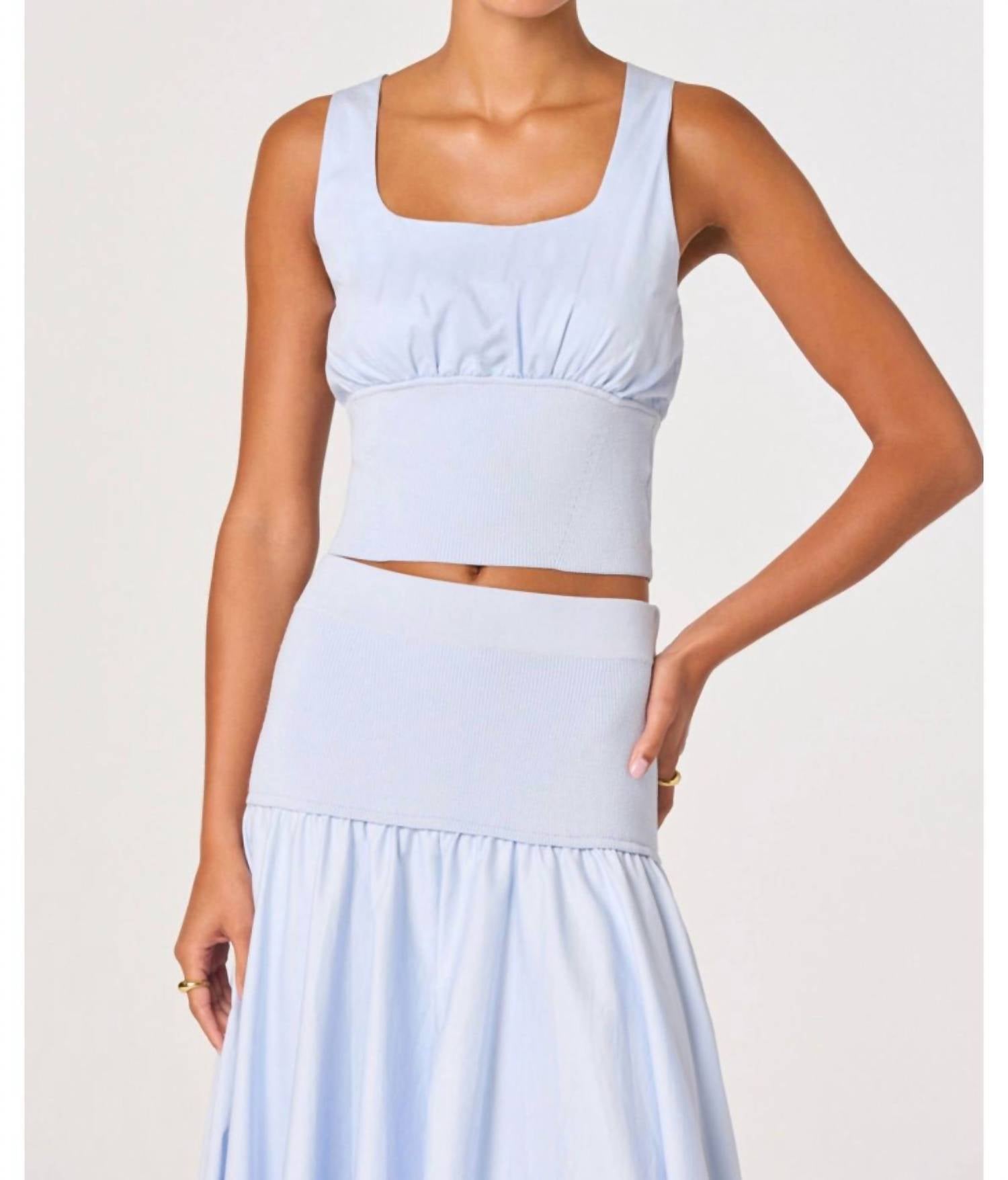 ASTR Thesan Mixed Media Gathered Crop Top in blue - women's shirt