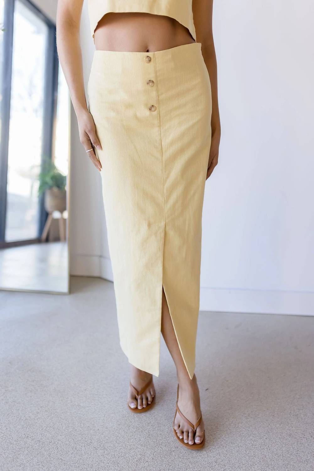 Moon River - Front Button Linen Midi Skirt