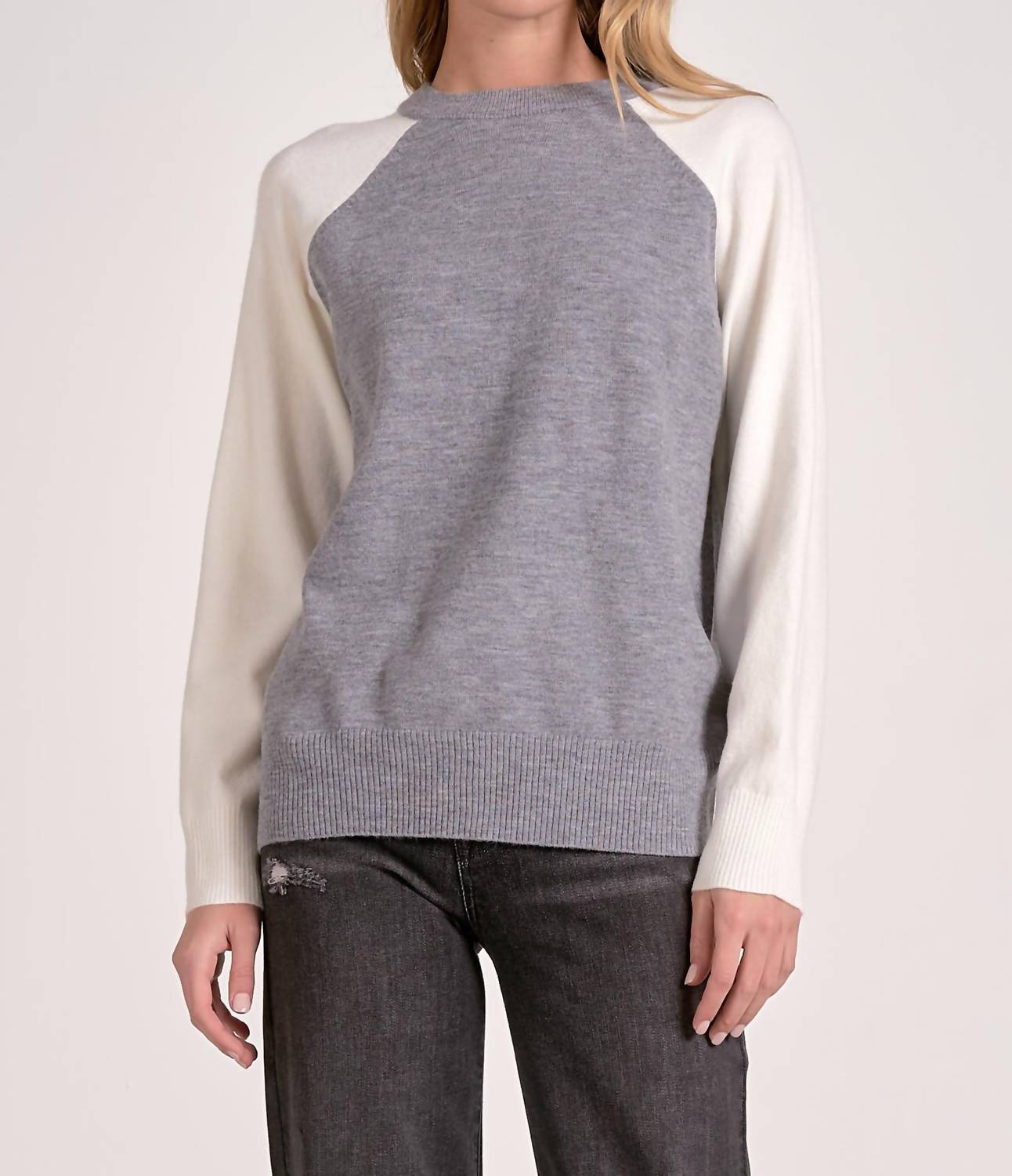 ELAN Long Sleeve Crewneck Sweater in grey white color block - women's sweater