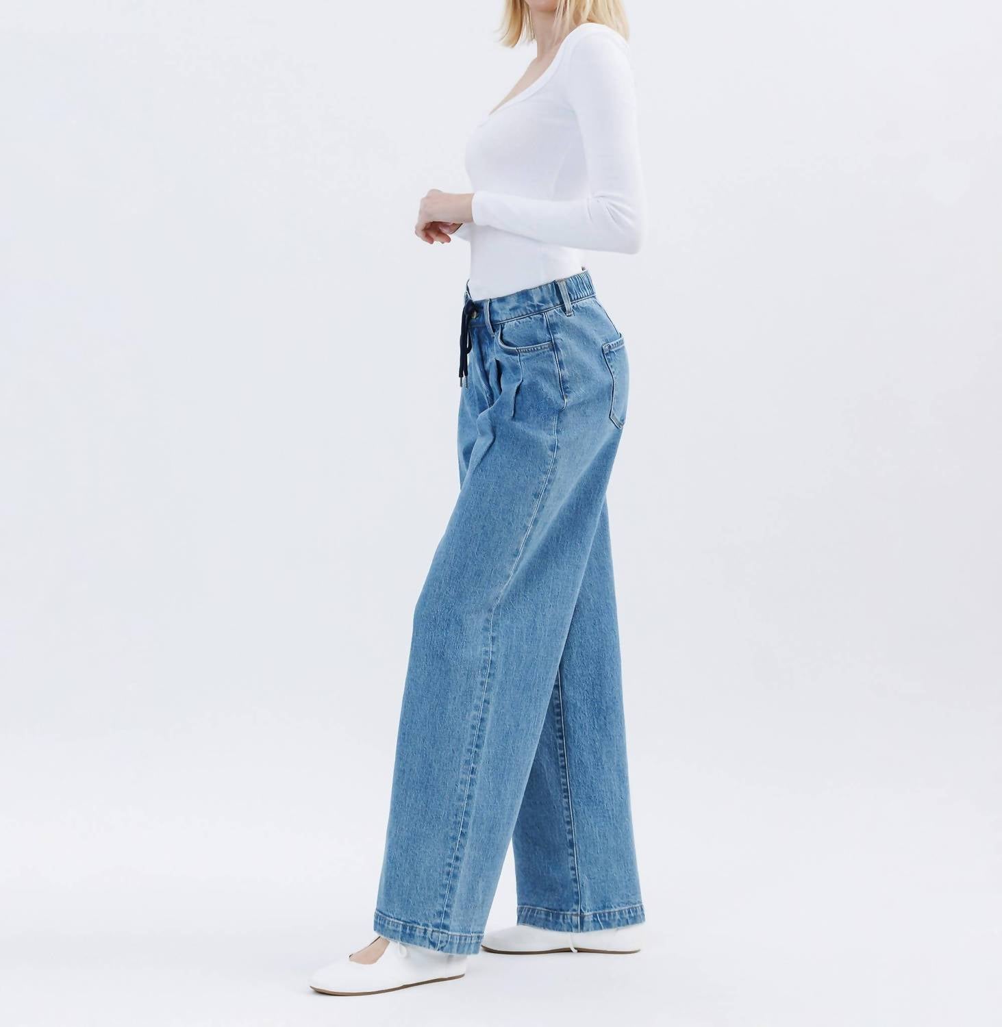 Vervet By Flying Monkey - Unabashed - Super High Rise Pleated Drawstring Wide Leg Jeans