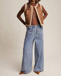 Listicle - Embroidered Faux Suede Shearling Vest