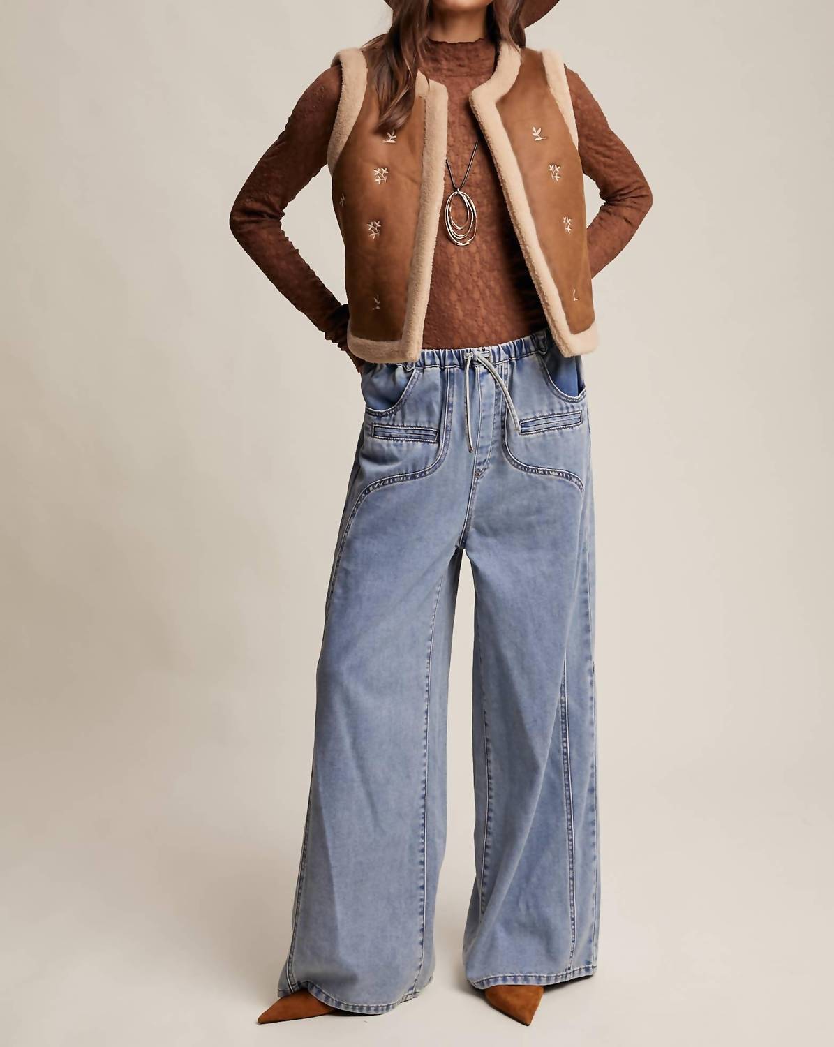 Listicle - Embroidered Faux Suede Shearling Vest