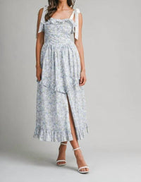Mable - Floral Printed Contrast Shoulder Strap Midi Dress