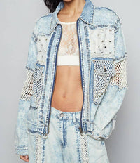 POL Long Sleeve Stud 3d Cargo Pockets Denim Jacket in multi - women's jacket
