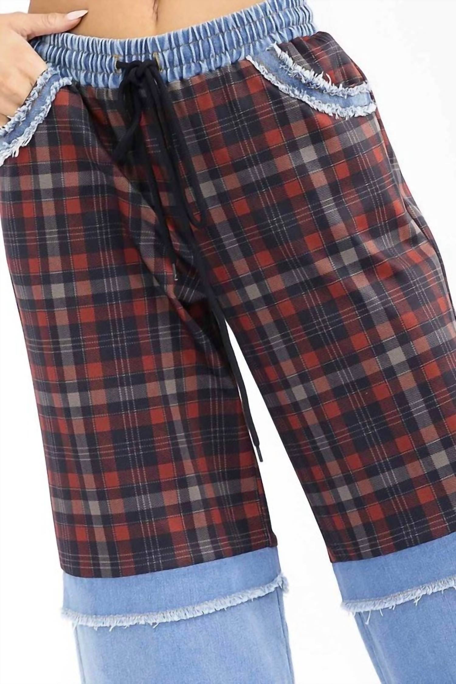 Little Secret Of Mine - Boho Elastic Waist Pocket Plaid Contrast Wide-leg Pants