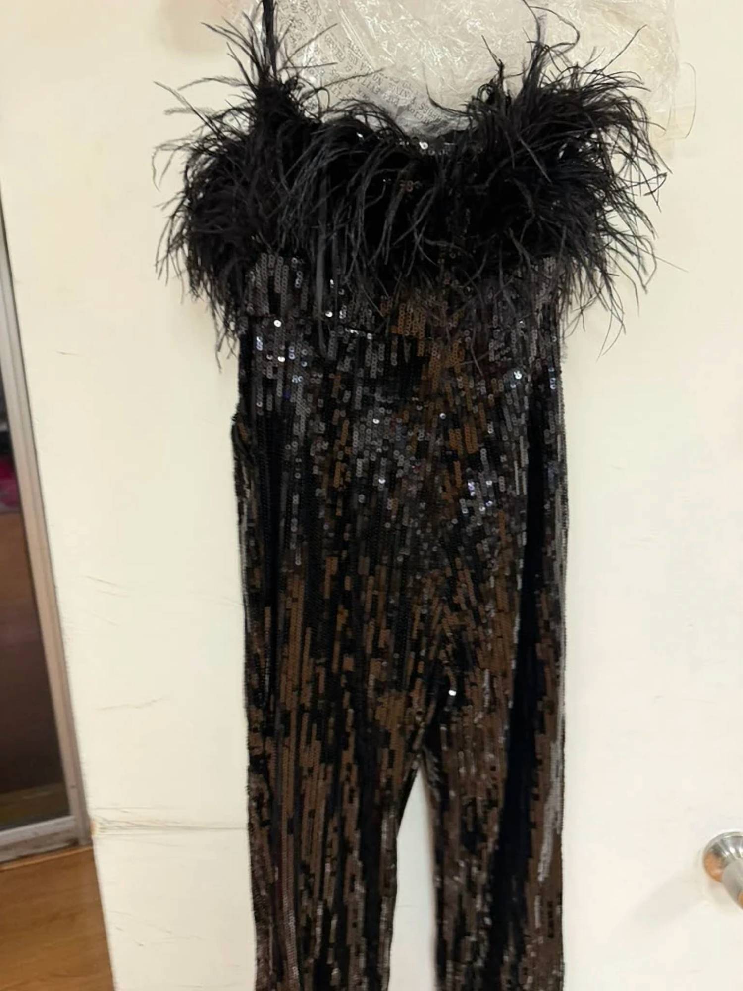 Amelia Couture - Sequin Feather Strapless Formal Jumpsuit