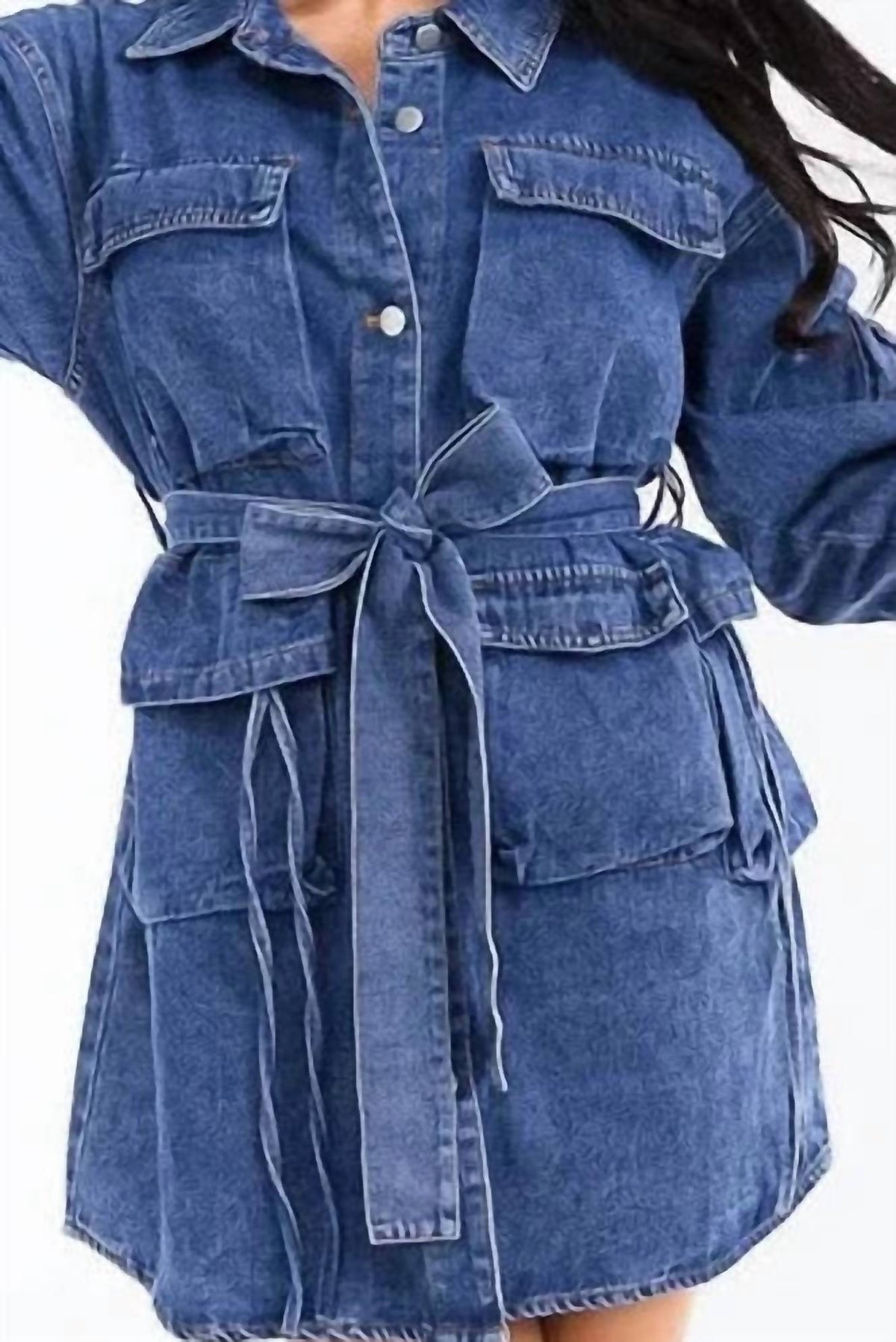 Surelymine - Belted Denim Utility Shirt Mini Dress