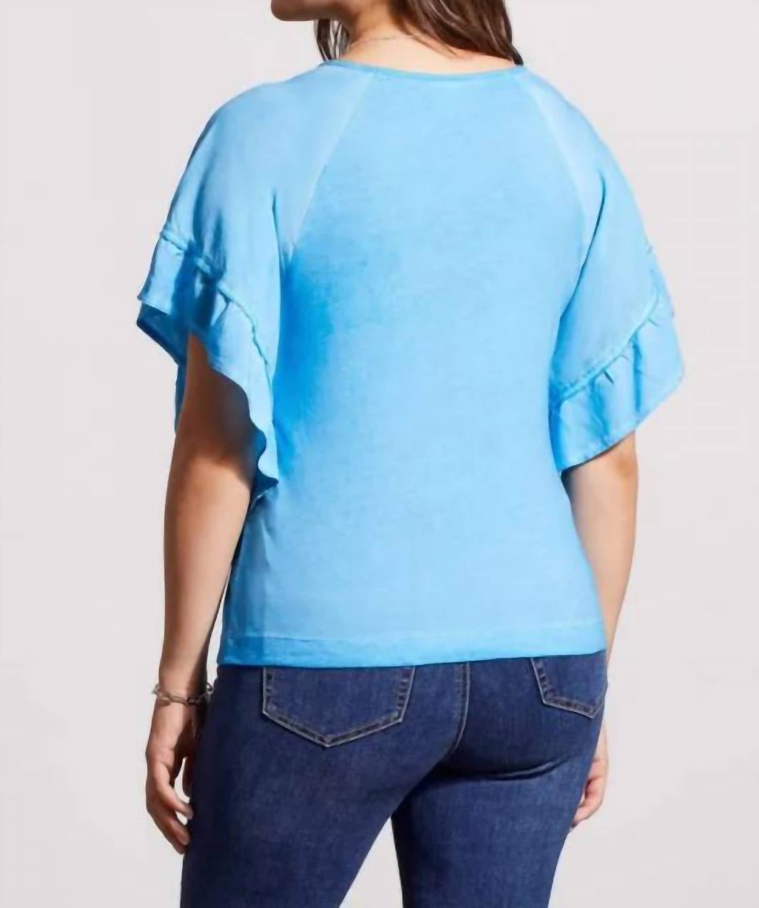 TRIBAL V-neck Raglan Combo Sleeve Top in azure - women's t-shirt - detail view