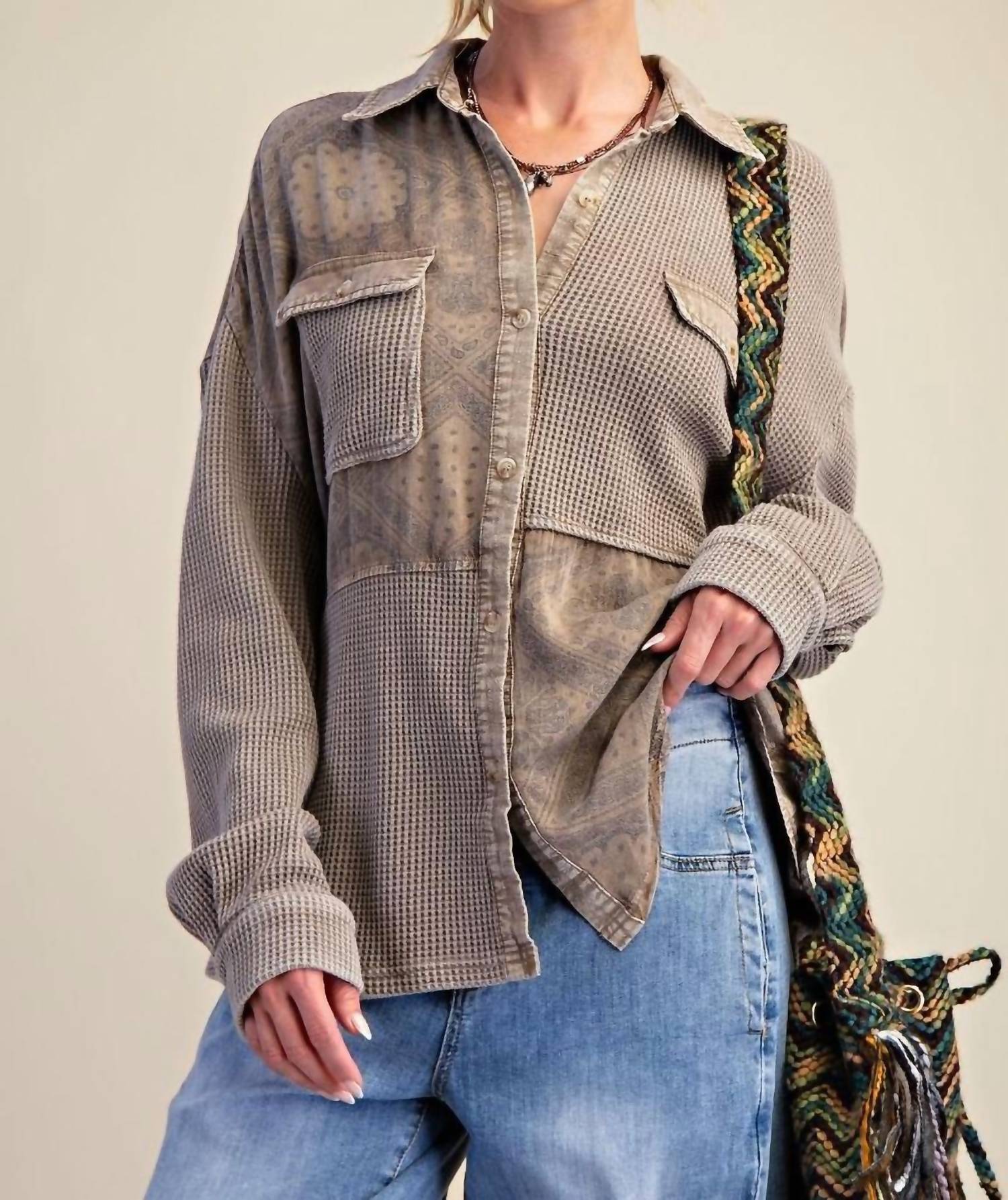Easel Button Down Thermal Shirt in coffee - women's shirt