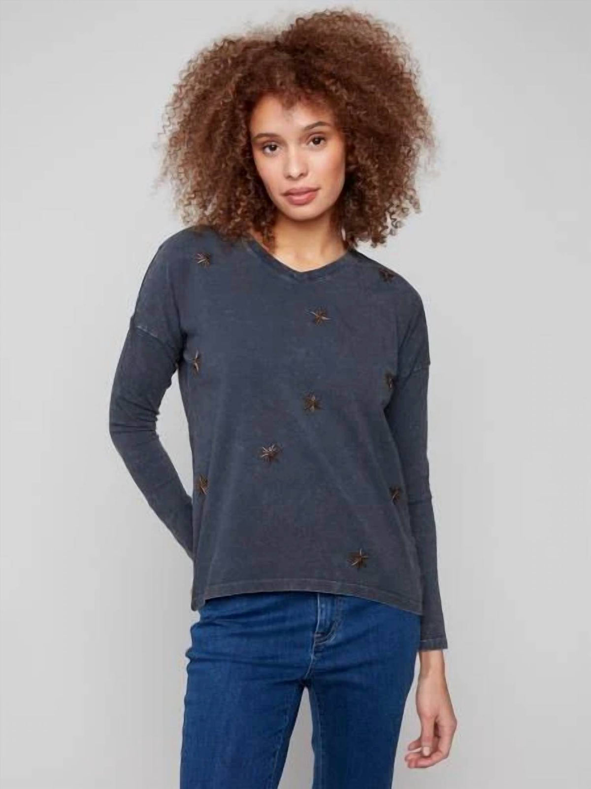 Charlie B - Beaded Longsleeve Drop Shoulder Top