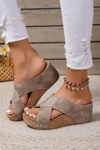 dear lover Women's Criss-Cross Platform Wedge Sandals in taupe - women's shoe - detail view