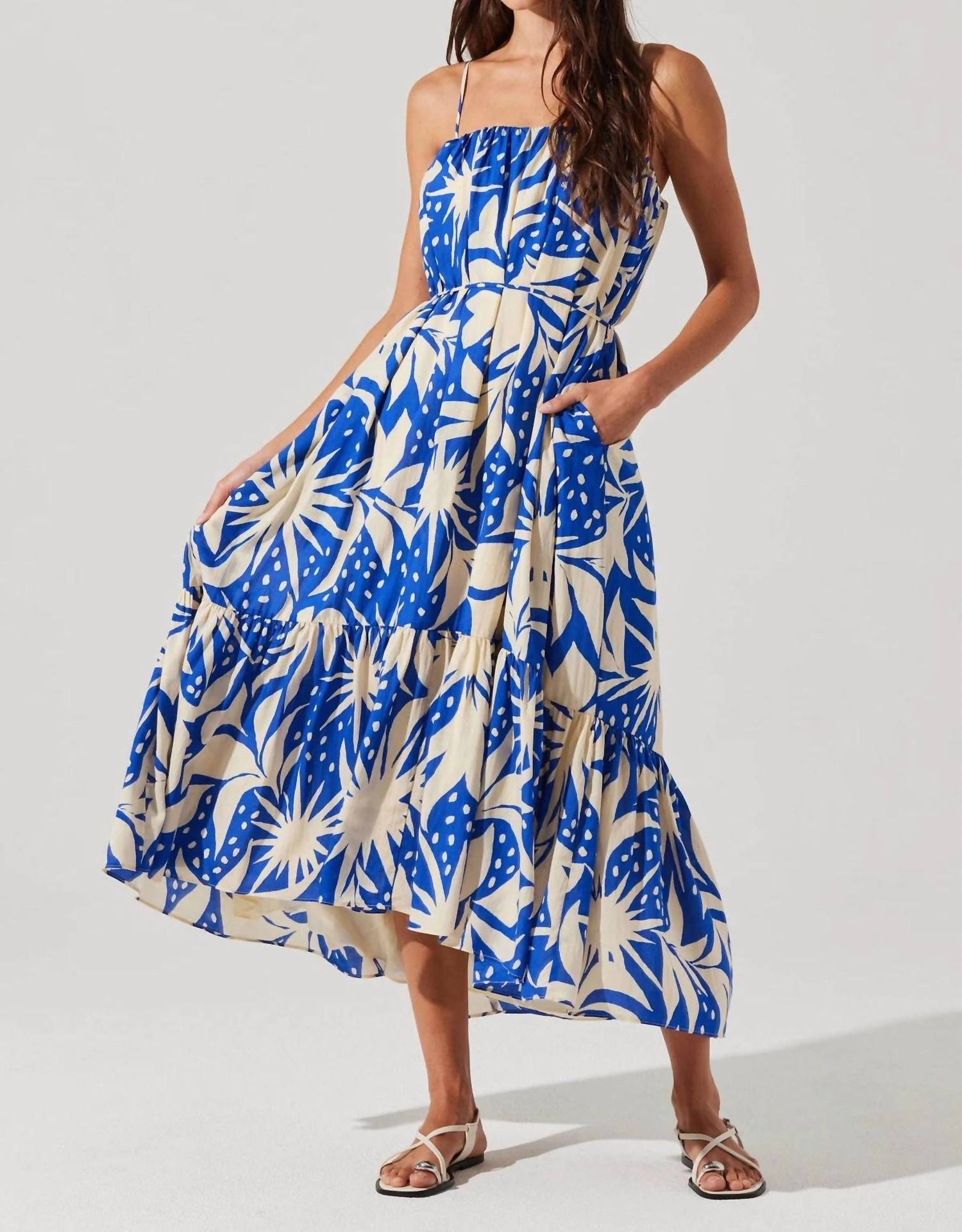ASTR Sarina Tiered Dress in blue tropical - women's dress - alternate view