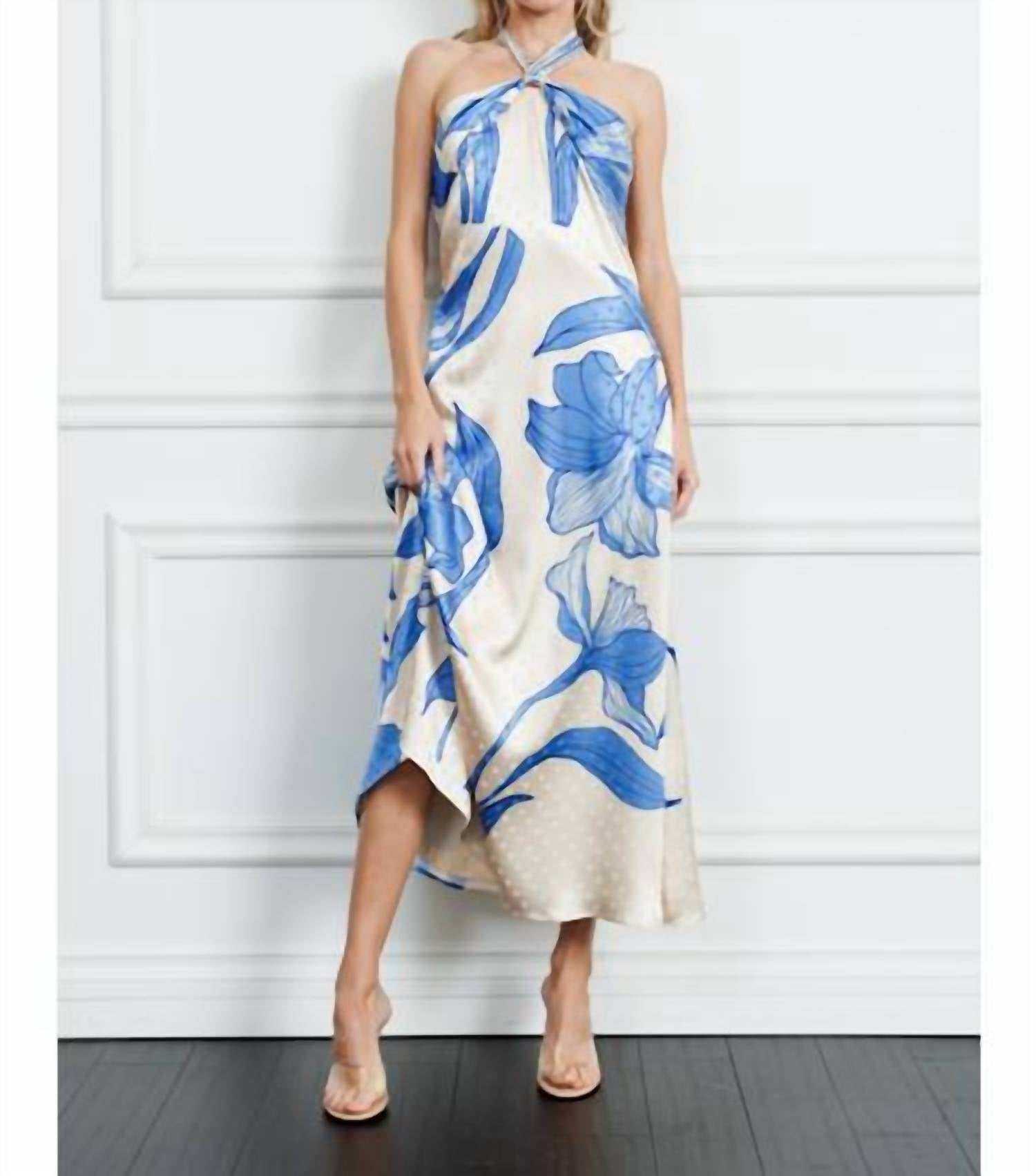 CIEBON Runie Floral Print Halterneck Maxi Dress in blue - women's dress