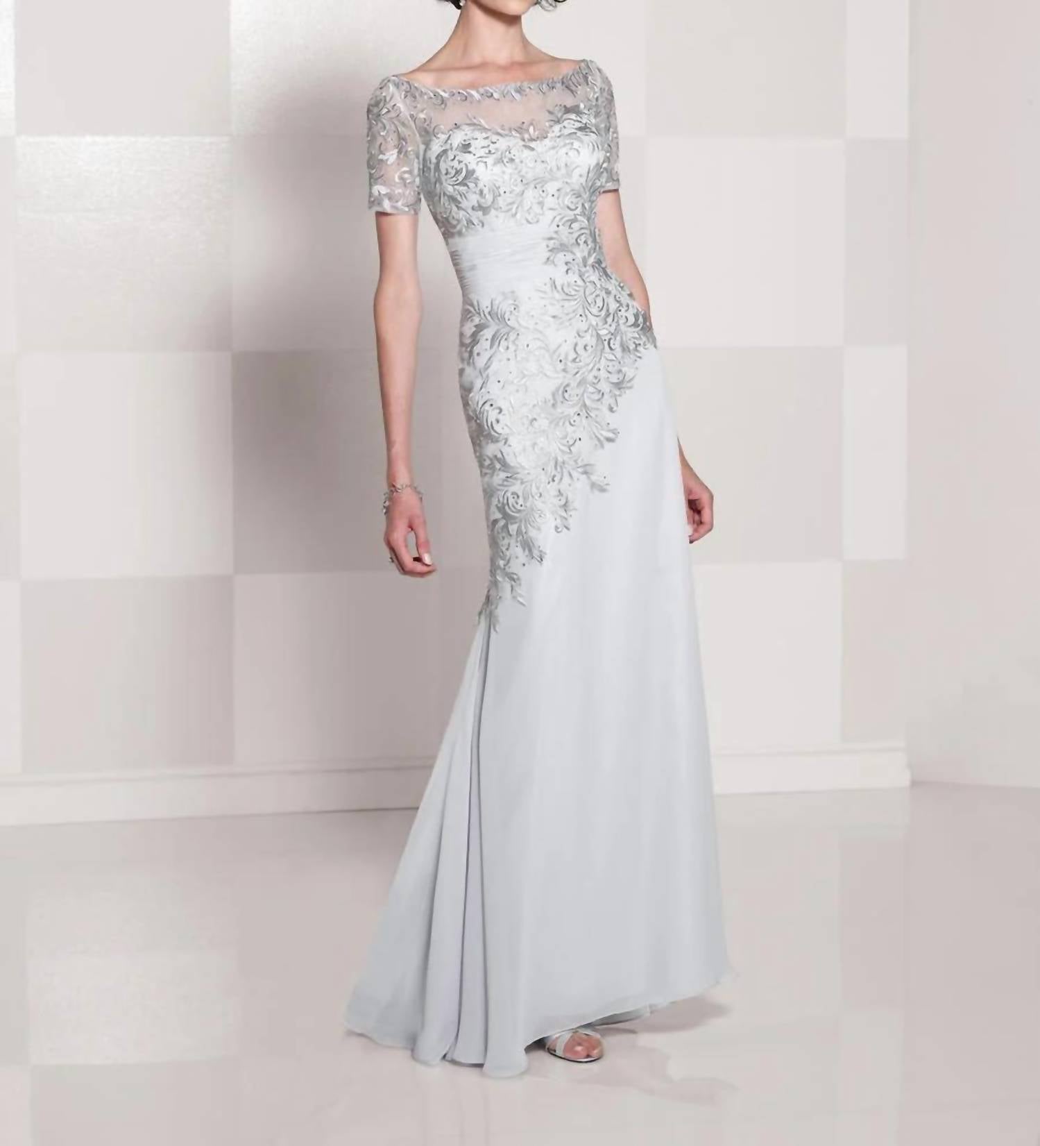 Social Occasions By Mon Cheri - Silver Lace White Long Gown