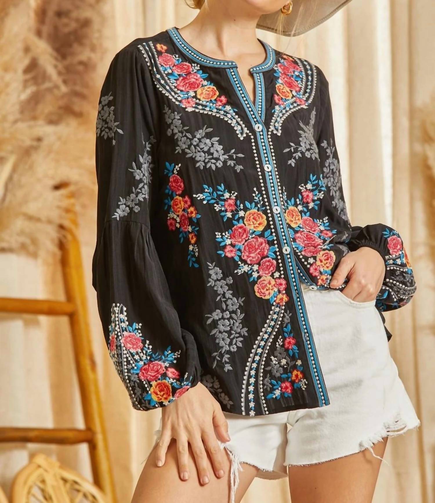 Andree By Unit - Floral Embroidered Button Down Top