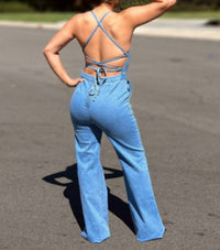 Blue Blush Denim Back Tie Jumpsuit in blue - women's pants - detail view