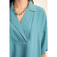 Style USA V-neck Collared Pop Over Top in teal - women's blouse - view 4