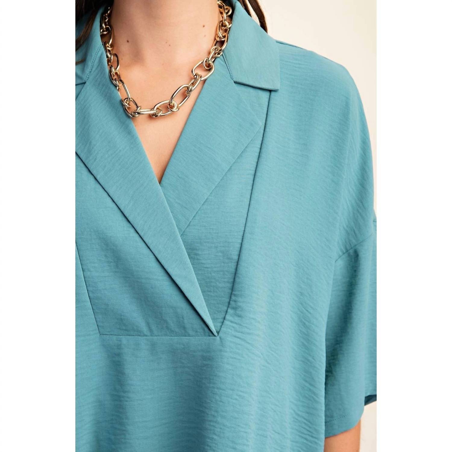 Style USA V-neck Collared Pop Over Top in teal - women's blouse - view 4