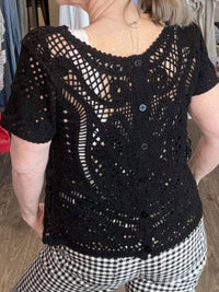 CHARLIE B Short Sleeve Crochet Sweater Top in black - women's blouse - alternate view