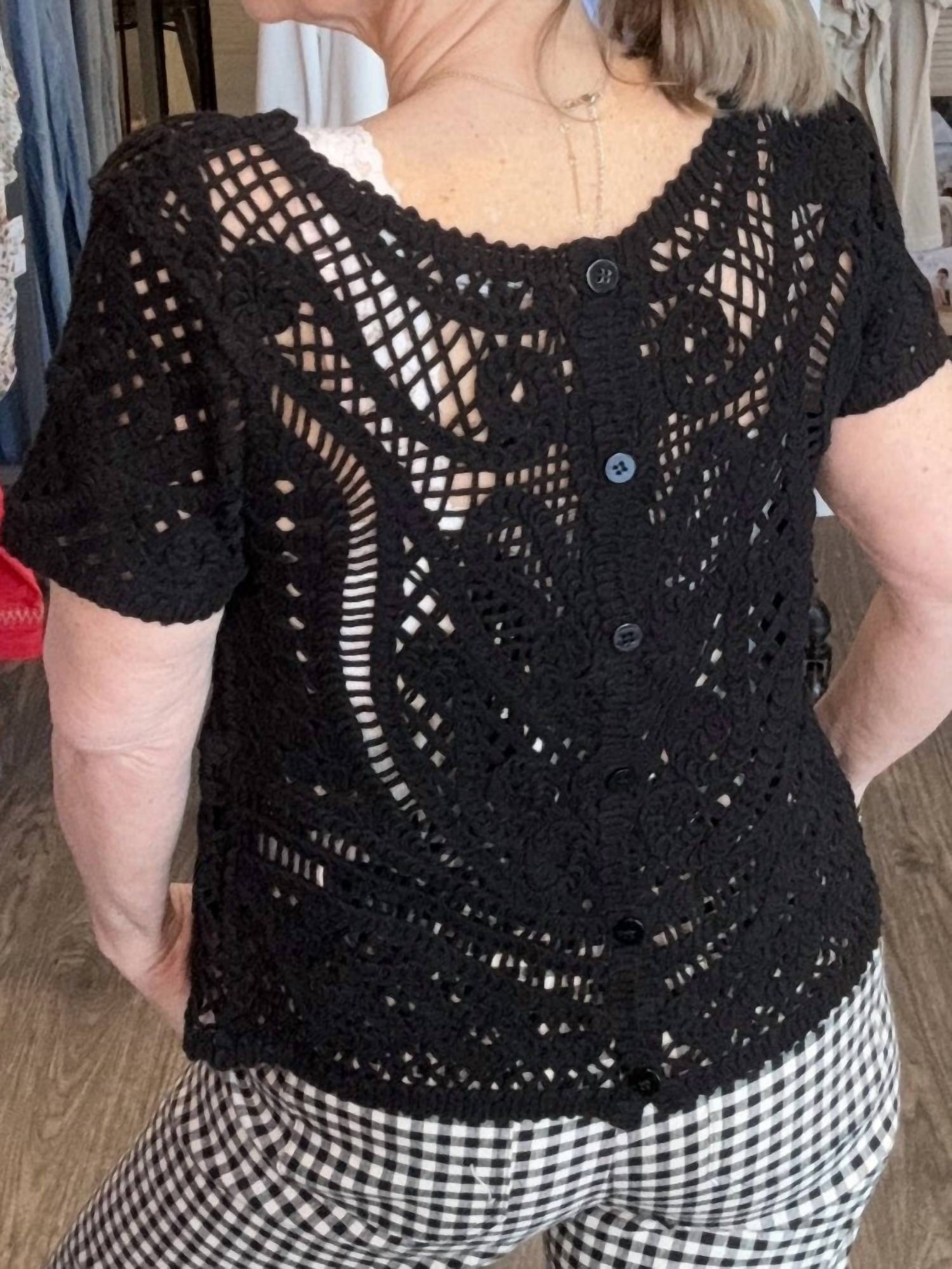 CHARLIE B Short Sleeve Crochet Sweater Top in black - women's blouse - alternate view
