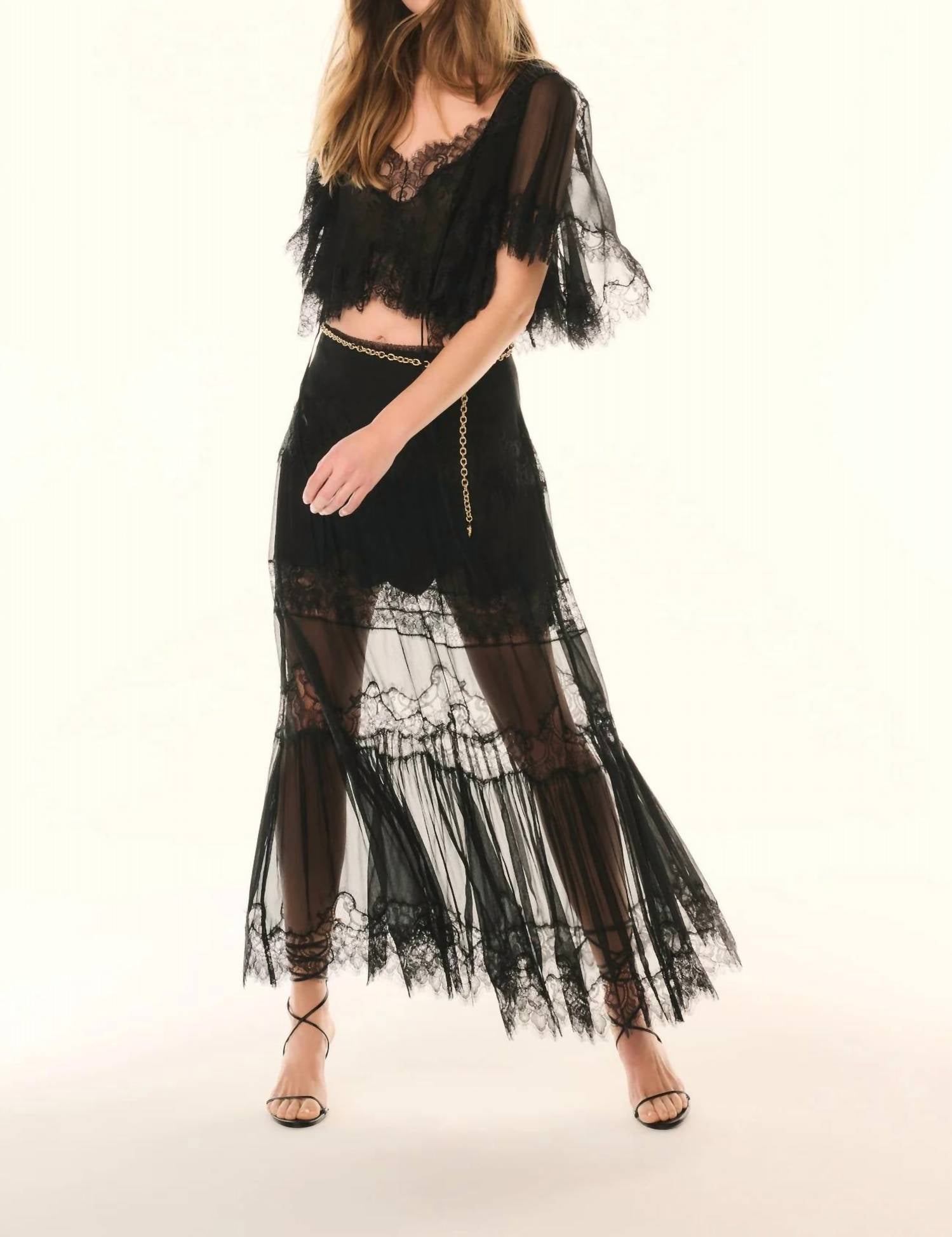 LoveShackFancy Aureline Midi Skirt in black - women's skirt - detail view