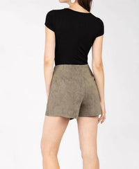 naked zebra Faux Suede Asymmetrical Button Down Skort in olive - women's shorts - detail view