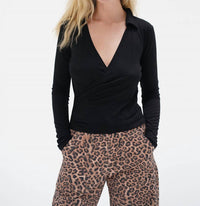 LNA Camryn Wrap Long Sleeve Top in black - women's blouse