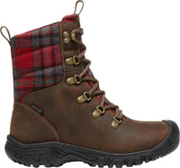 Keen Women's Greta Low Waterproof Insulated Boot in brown red plaid - women's shoe