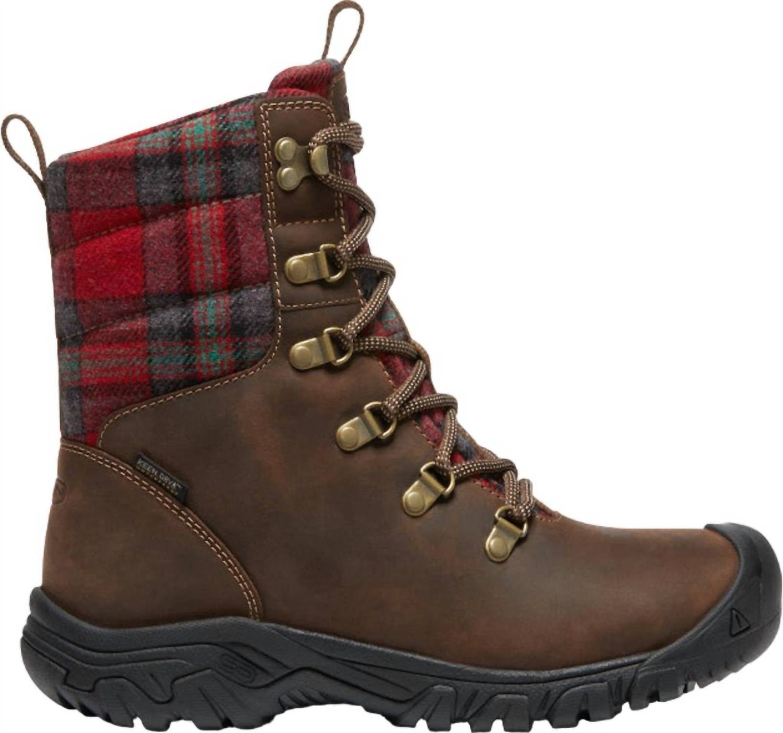 Keen Women's Greta Low Waterproof Insulated Boot in brown red plaid - women's shoe