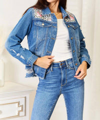 Baeful - Floral Distressed Raw Hem Denim Jacket