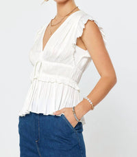 current air V-neck Pleated Top in white - women's blouse - detail view