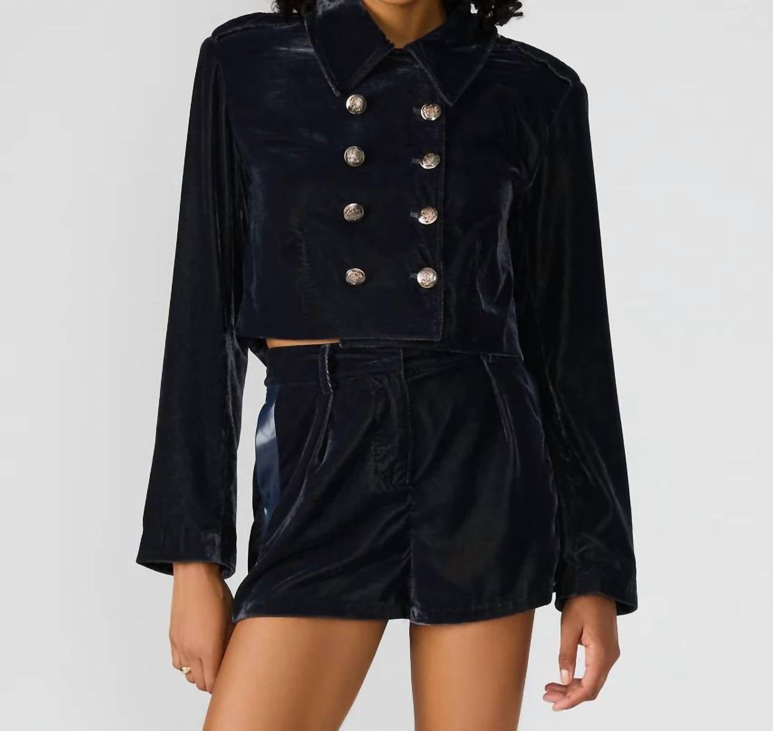 STEVE MADDEN Tonia Velvet Crop Double Breasted Jacket in blue - women's jacket