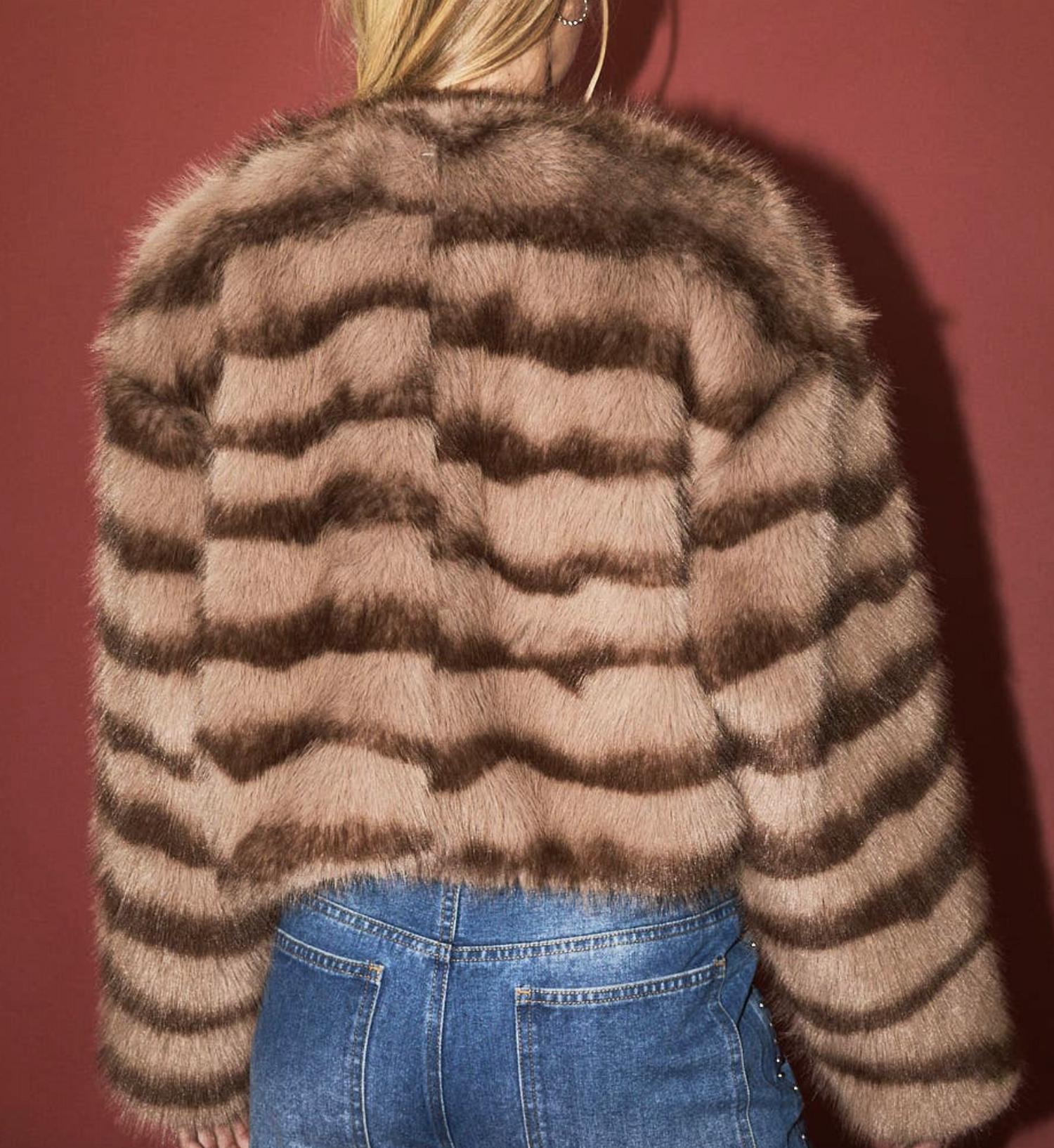 LELIS Faux Fur Striped Cropped Coat in brown - women's jacket - alternate view