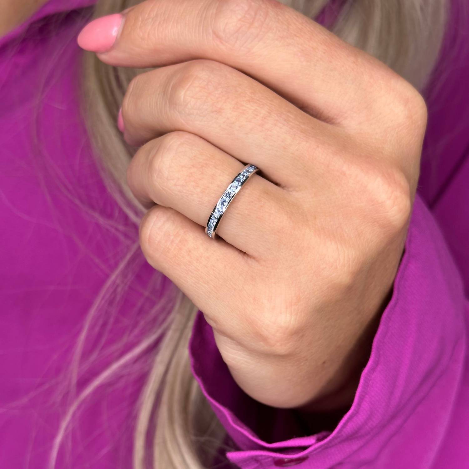 Starlette Women's Aquamarine Eternity Band in blue - women's jewelry - detail view