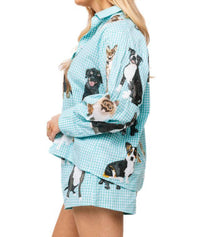 QUEEN OF SPARKLES Gingham Queen Of Dogs Button Up Long Sleeve Top in aqua - women's shirt - detail view