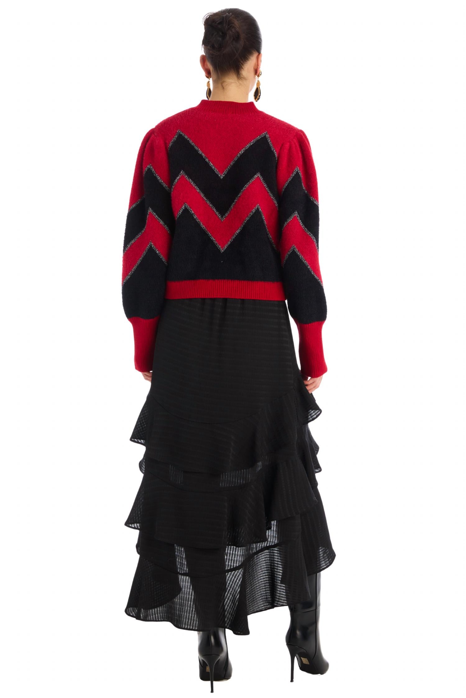 ALLISON NEW YORK Fuzzy Chevron Cardigan in red black - women's cardigan - detail view