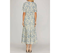 Style USA Woven Floral Print V Neck Tiered Midi Dress in blue - women's dress - alternate view
