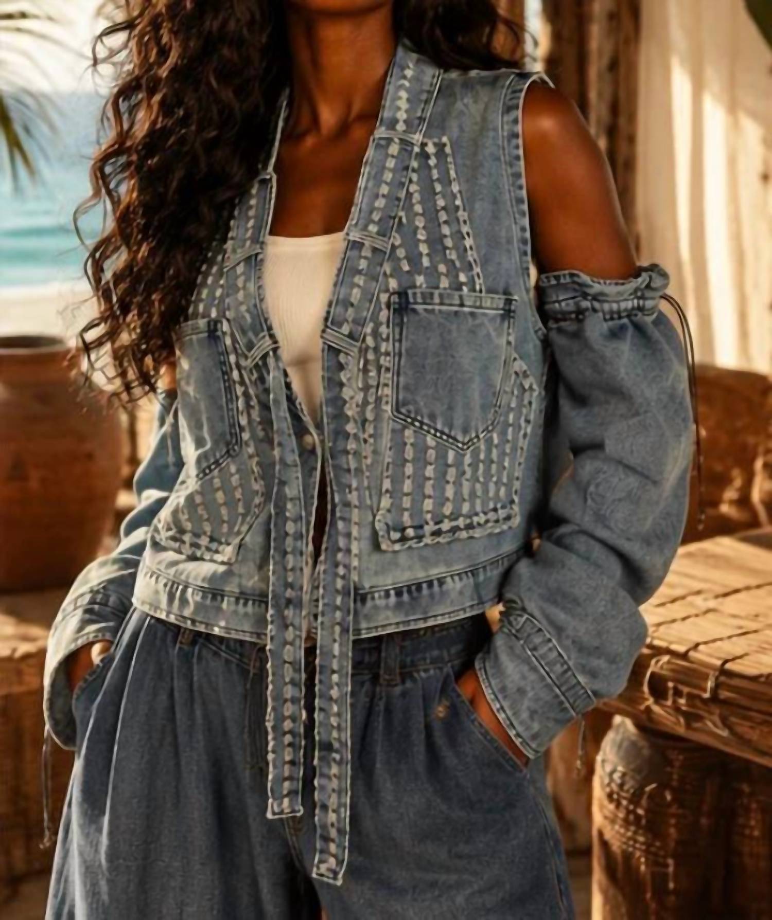 Surelymine - Removable Sleeves Denim Vest Denim Jacket