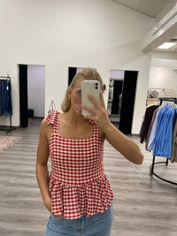 By Together Gingham Print Square Neck Peplum Top in red - women's blouse - view 4