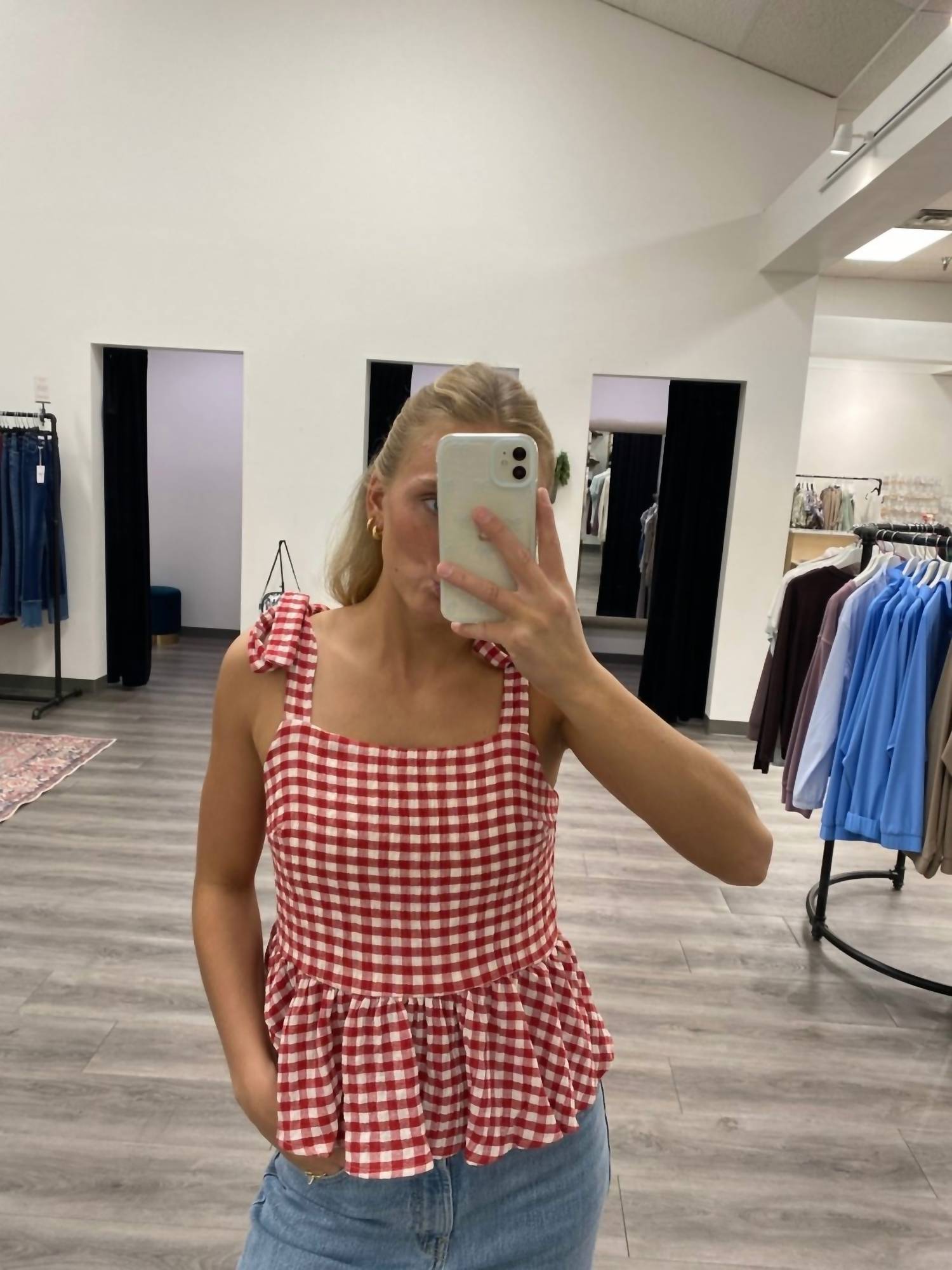 By Together Gingham Print Square Neck Peplum Top in red - women's blouse - view 4