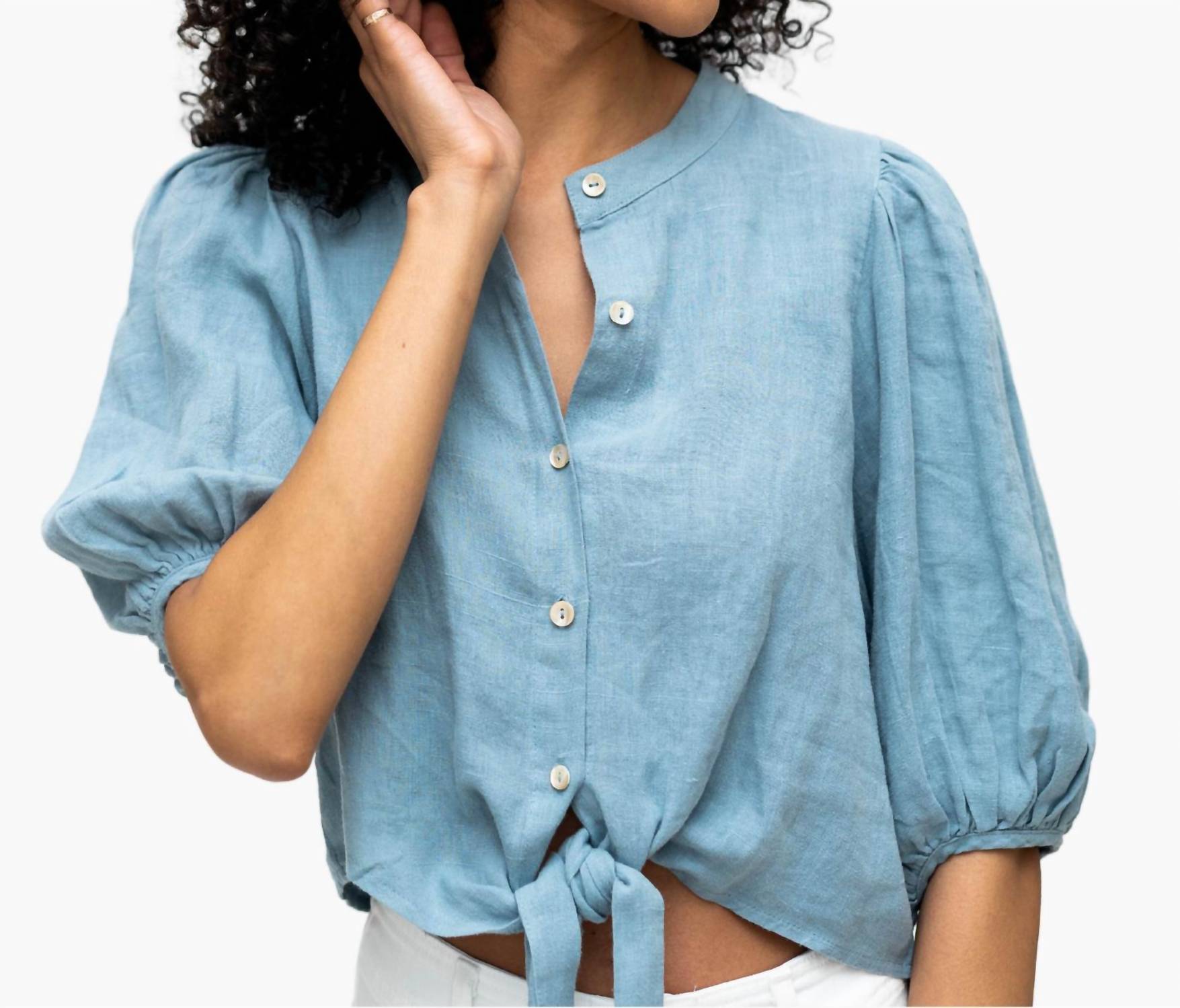 Lanthropy Haleigh Top in chambray - women's blouse - detail view