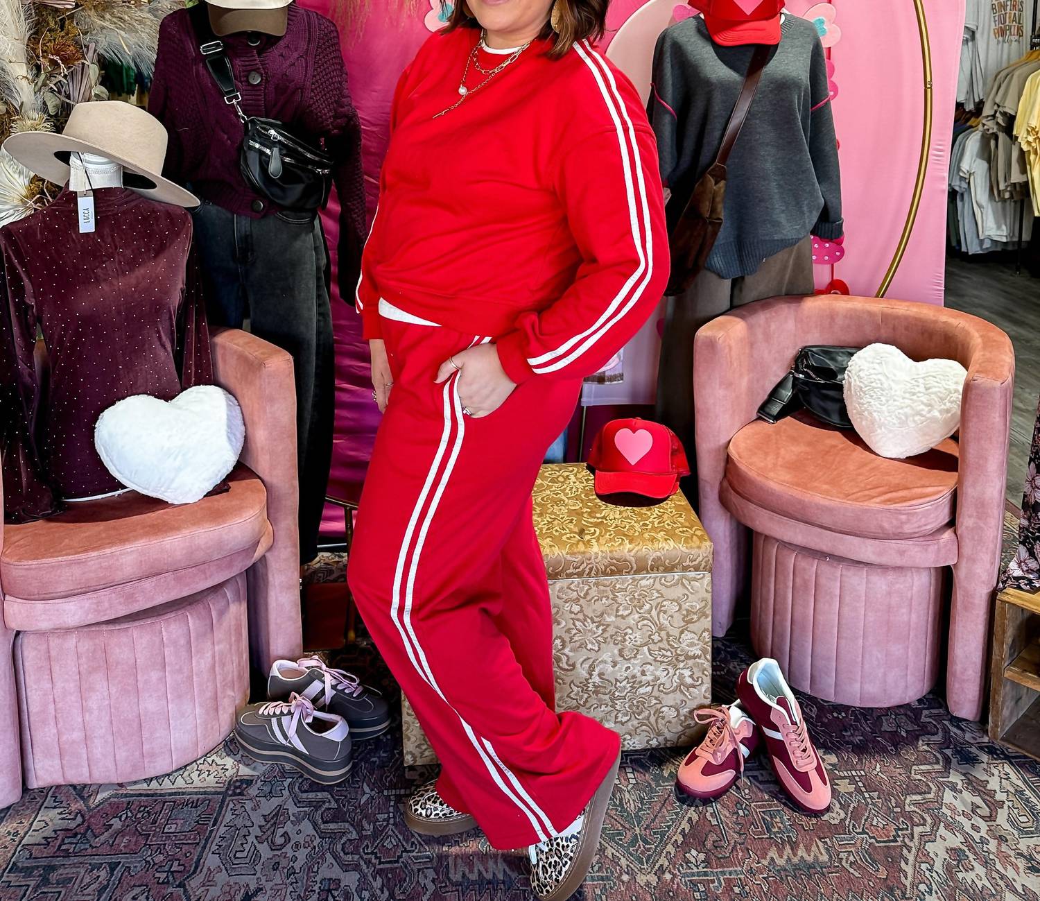 Little Daisy Closet Striped Crewneck and Sweatpant Set in red - women's sleepwear - detail view