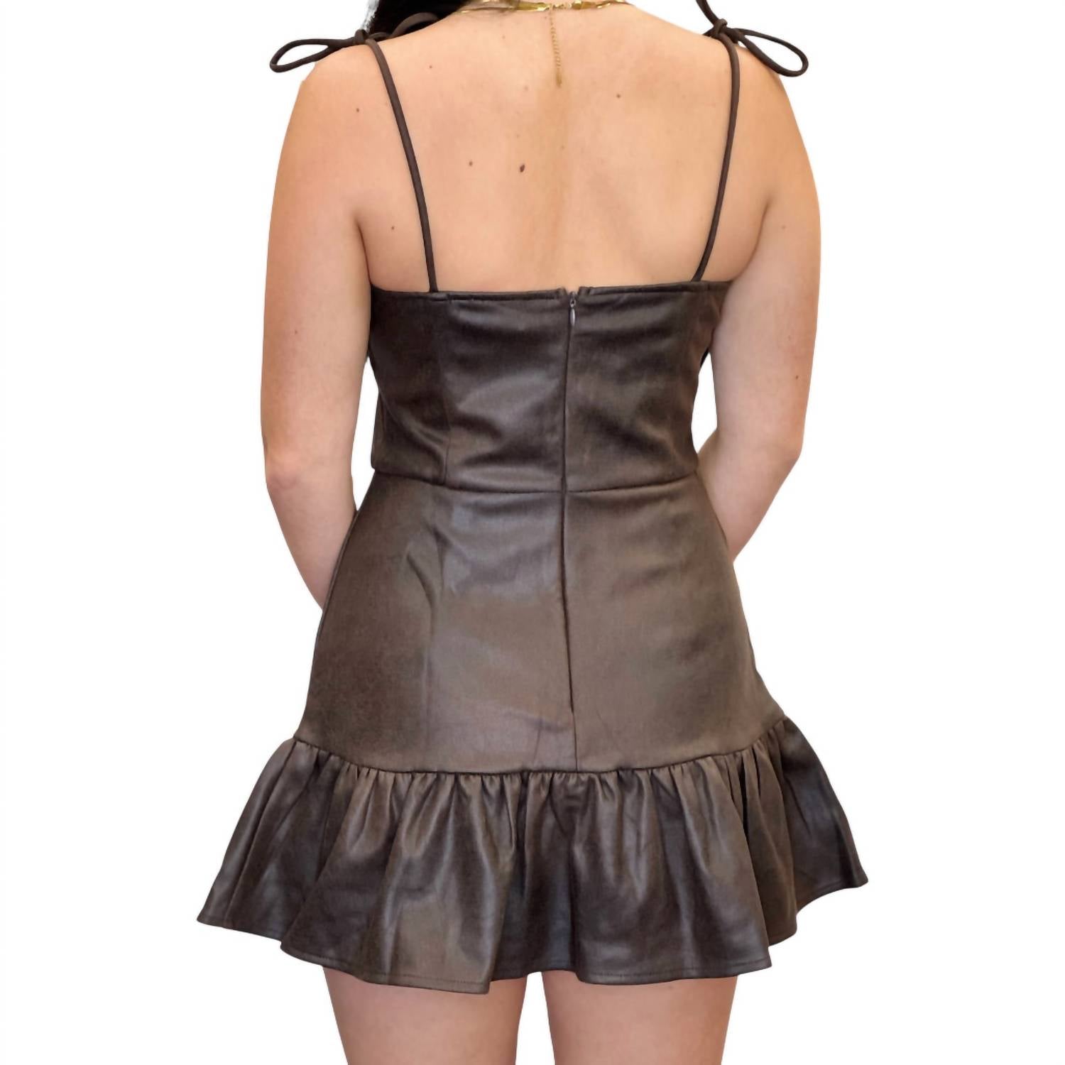 Sincerely Ours Tie Shoulder Suede Romper in chocolate - women's pants - detail view