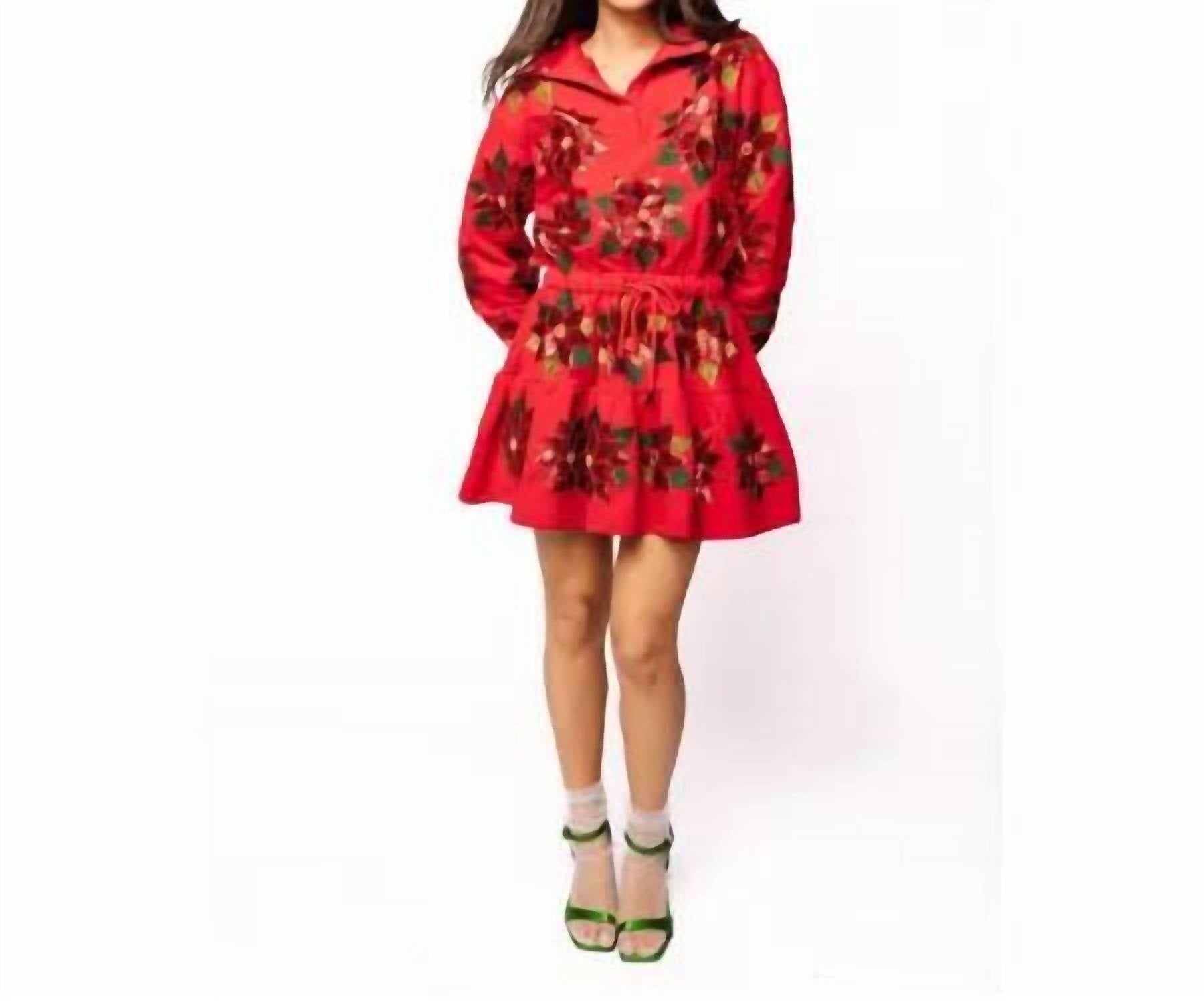 Queen Of Sparkles - Poinsettia Button Up Mock Neck Tie Sweatshirt Dress