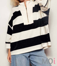 Urban Daizy - Oversized Half Zip Bold Stripe Statement Pullover Sweatshirt