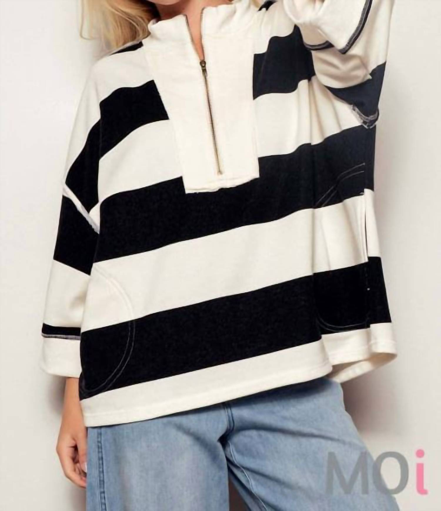 Urban Daizy - Oversized Half Zip Bold Stripe Statement Pullover Sweatshirt