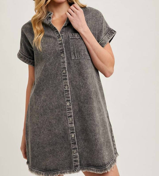 Bluivy - Denim Shirt Dress With Frayed Hem And Cuffed Sleeves